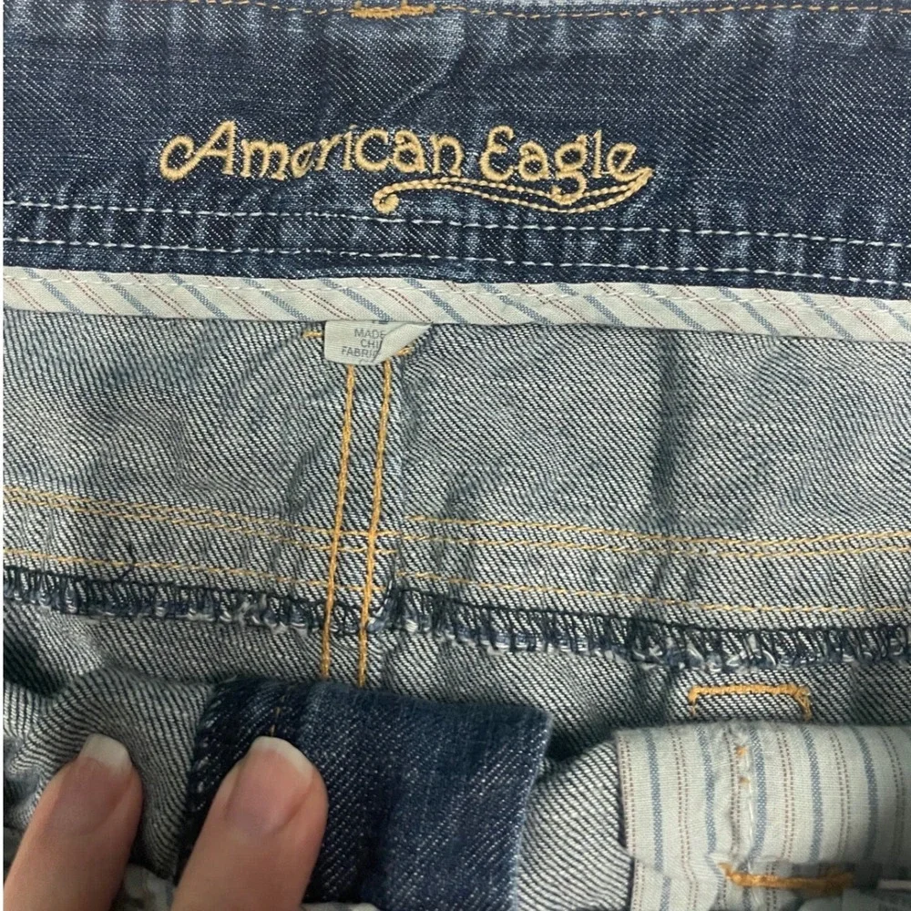 American Eagle Denim Mini Skirt Medium Wash Crochet Lace Trim‎ Boho Low Rise 10